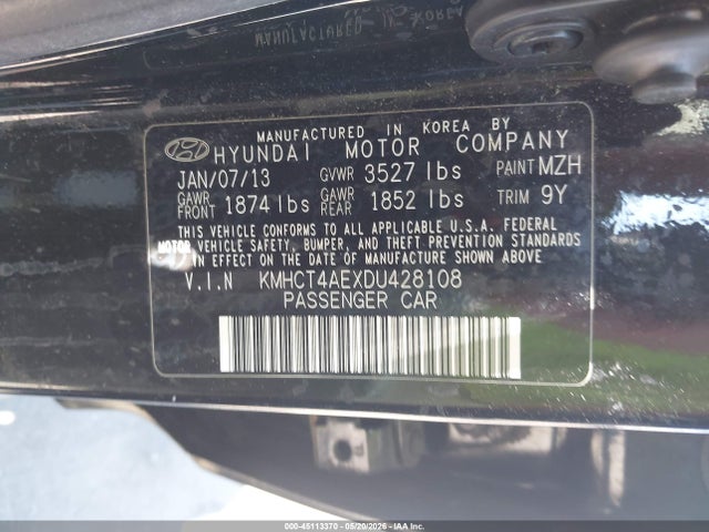 2013 Hyundai Accent Gls მანქანა იყიდება აუქციონზე, vin: KMHCT4AEXDU428108, აუქციონის ნომერი: 45113370