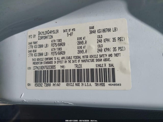 Продаж на аукціоні авто 2007 Dodge Ram 1500 St/slt, vin: 1D7HU182X7S223895, номер лоту: 45113385