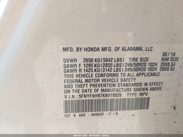 45113389 :رقم المزاد ، 5FNYF6H97KB019026 vin ، 2019 Honda Pilot Touring مزاد بيع