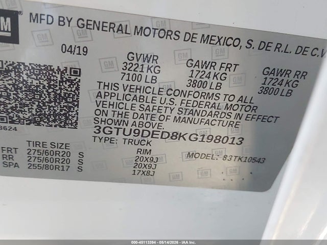 GMC Sierra 1500 Slt 2019 3GTU9DED8KG198013 Image 9