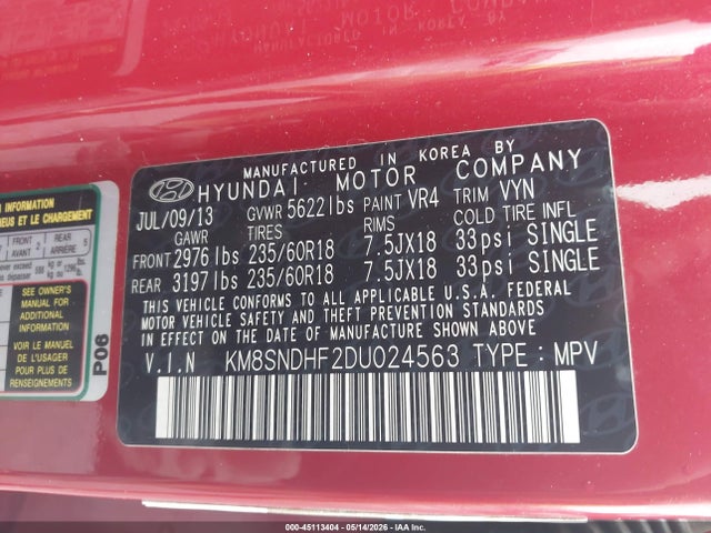 Aukcja sprzedaży 2013 Hyundai Santa Fe Gls, vin: KM8SNDHF2DU024563, numer aukcji: 45113404
