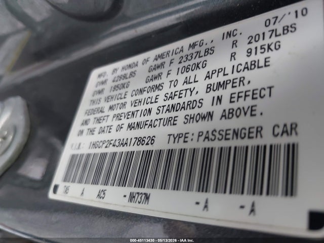 45113430 :رقم المزاد ، 1HGCP2F43AA178626 vin ، 2010 Honda Accord 2.4 Lx-p مزاد بيع