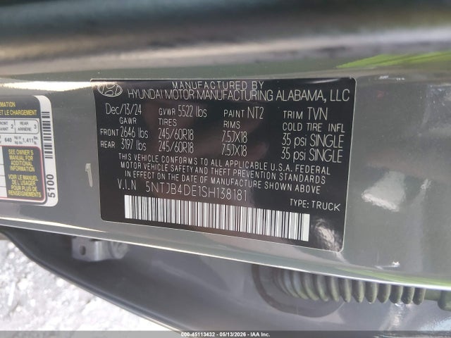 5NTJB4DE1SH138181 Hyundai Santa Cruz Sel