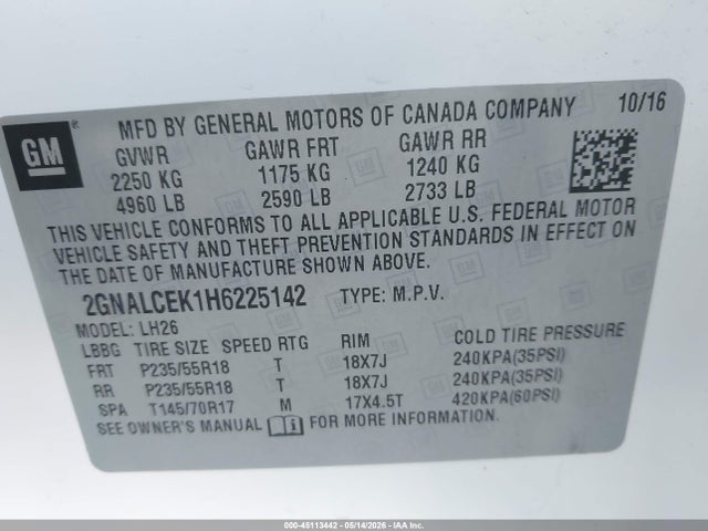 45113442 :رقم المزاد ، 2GNALCEK1H6225142 vin ، 2017 Chevrolet Equinox Lt مزاد بيع