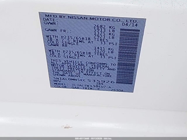 2014 Infiniti Qx60 მანქანა იყიდება აუქციონზე, vin: 5N1AL0MN5EC535926, აუქციონის ნომერი: 45113448