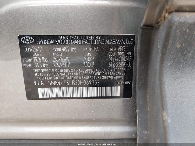 Aukcja sprzedaży 2018 Hyundai Santa Fe Sport 2.4l, vin: 5NMZT3LB2JH069352, numer aukcji: 45113450