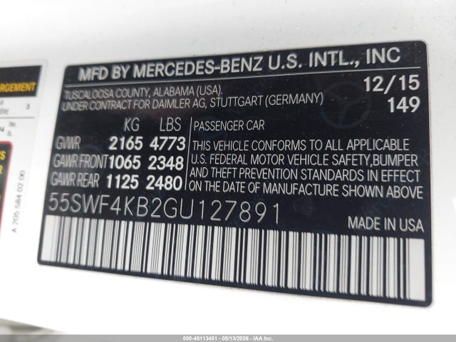 Auction sale of the 2016 Mercedes-benz C-class C 300, vin: 55SWF4KB2GU127891, lot number: 45113451
