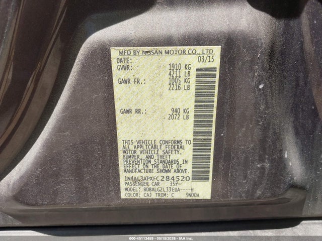 Продажа на аукционе авто 2015 Nissan Altima 2.5 S, vin: 1N4AL3APXFC284520, номер лота: 45113459