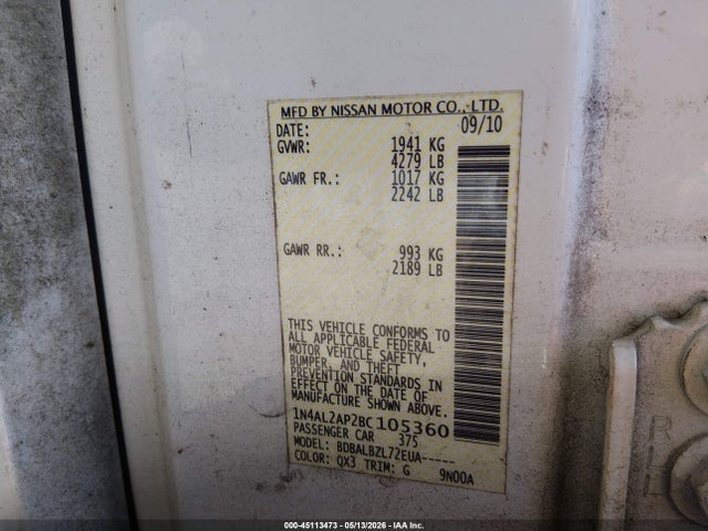 Aukcja sprzedaży 2011 Nissan Altima 2.5 S, vin: 1N4AL2AP2BC105360, numer aukcji: 45113473