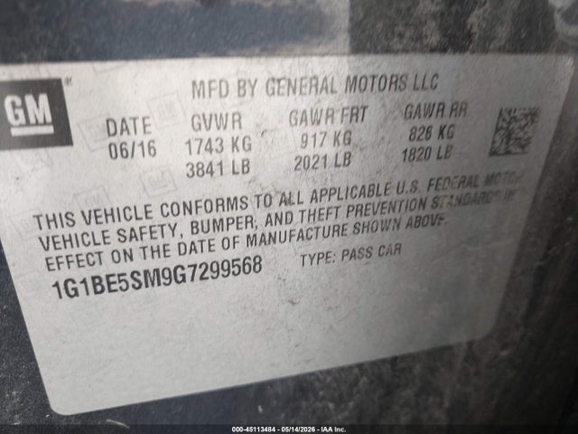 Продаж на аукціоні авто 2016 Chevrolet Cruze Lt Auto, vin: 1G1BE5SM9G7299568, номер лоту: 45113484