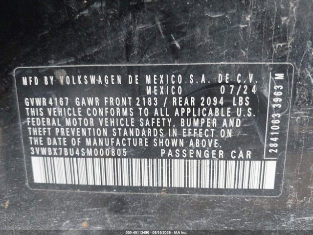 2025 Volkswagen Jetta 1.5t Sport მანქანა იყიდება აუქციონზე, vin: 3VWBX7BU4SM000805, აუქციონის ნომერი: 45113490