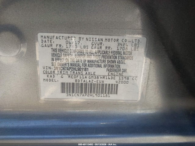 3N1CN7AP2HL901181 Nissan Versa 1.6 S+