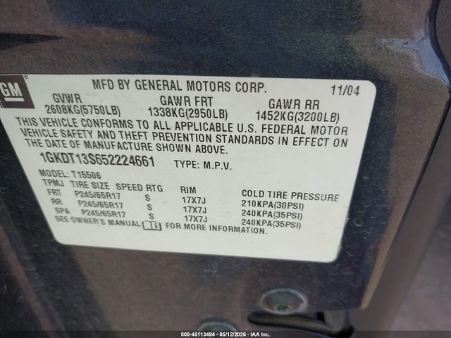 45113494 :رقم المزاد ، 1GKDT13S652224661 vin ، 2005 Gmc Envoy Sle مزاد بيع