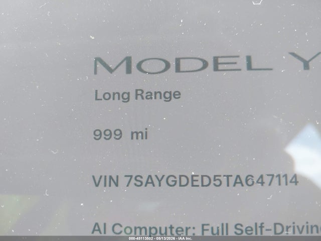 2026 Tesla Model Y მანქანა იყიდება აუქციონზე, vin: 7SAYGDED5TA647114, აუქციონის ნომერი: 45113502
