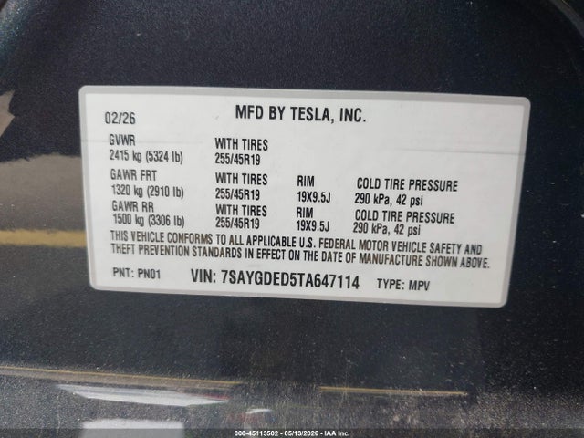 2026 Tesla Model Y მანქანა იყიდება აუქციონზე, vin: 7SAYGDED5TA647114, აუქციონის ნომერი: 45113502