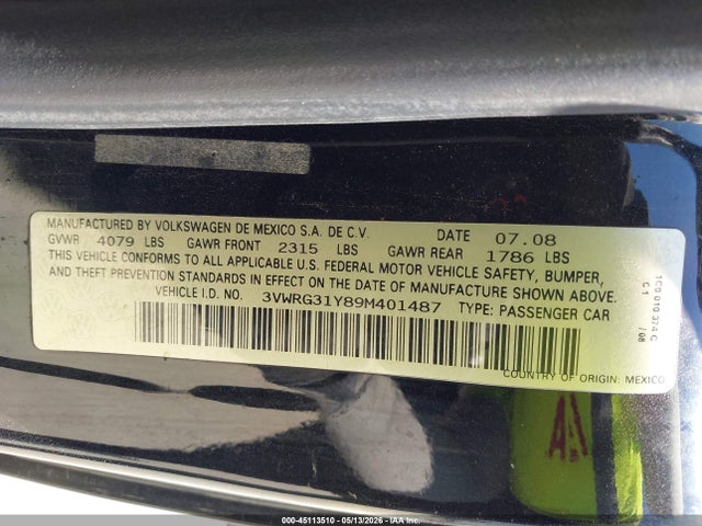 2009 Volkswagen New Beetle 2.5l მანქანა იყიდება აუქციონზე, vin: 3VWRG31Y89M401487, აუქციონის ნომერი: 45113510