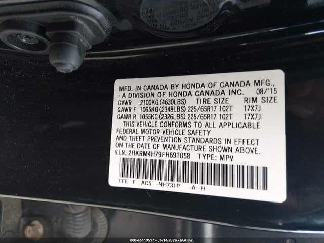 Aukcja sprzedaży 2015 Honda Cr-v Ex-l, vin: 2HKRM4H79FH691058, numer aukcji: 45113517