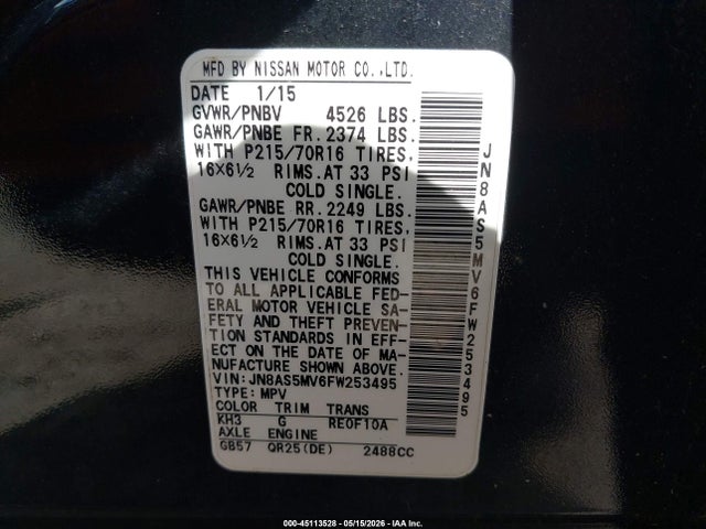 JN8AS5MV6FW253495 Nissan Rogue Select S