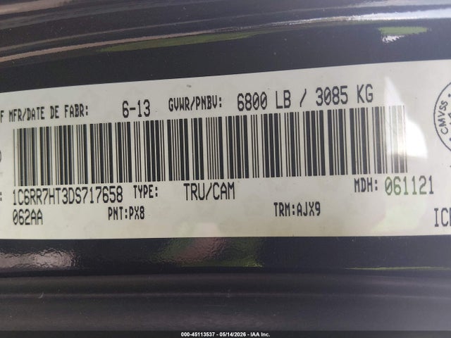 45113537 :رقم المزاد ، 1C6RR7HT3DS717658 vin ، 2013 Ram 1500 Sport مزاد بيع