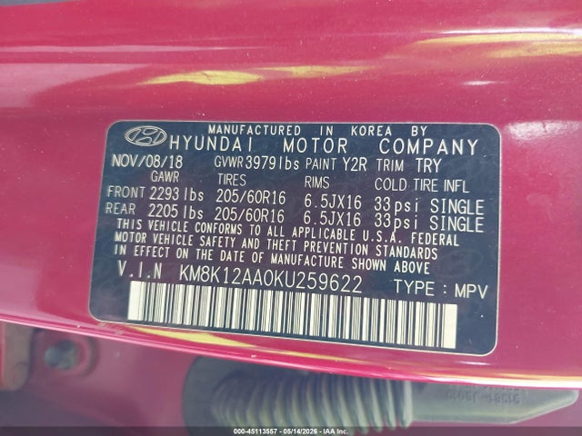 Продажа на аукционе авто 2019 Hyundai Kona Se, vin: KM8K12AA0KU259622, номер лота: 45113557