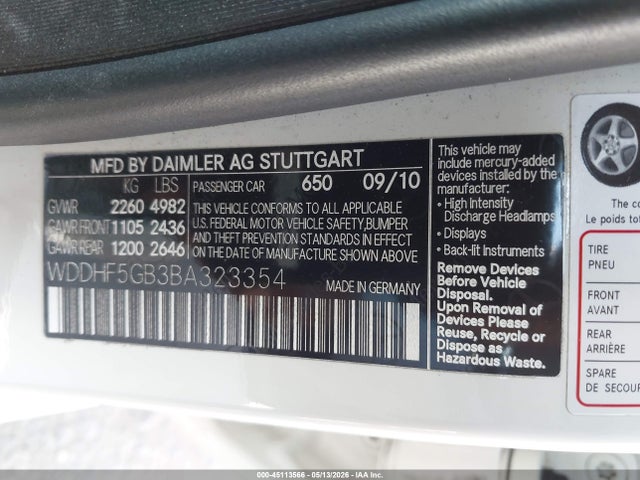 Aukcja sprzedaży 2011 Mercedes-benz E 350, vin: WDDHF5GB3BA323354, numer aukcji: 45113566
