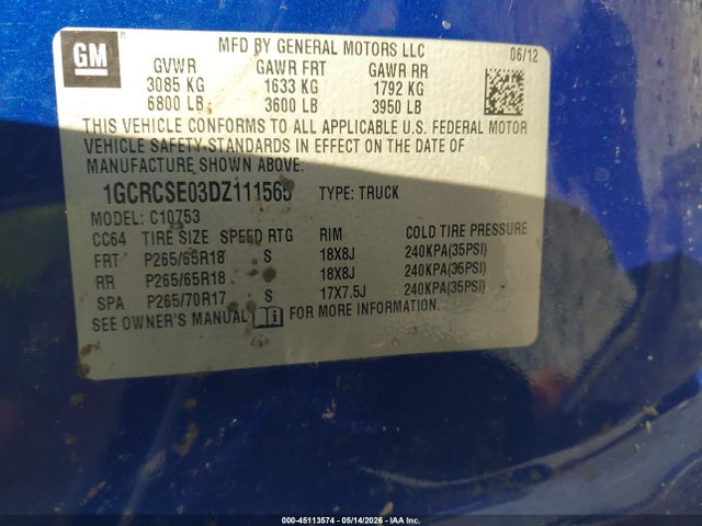 2013 Chevrolet Silverado 1500 Lt მანქანა იყიდება აუქციონზე, vin: 1GCRCSE03DZ111565, აუქციონის ნომერი: 45113574