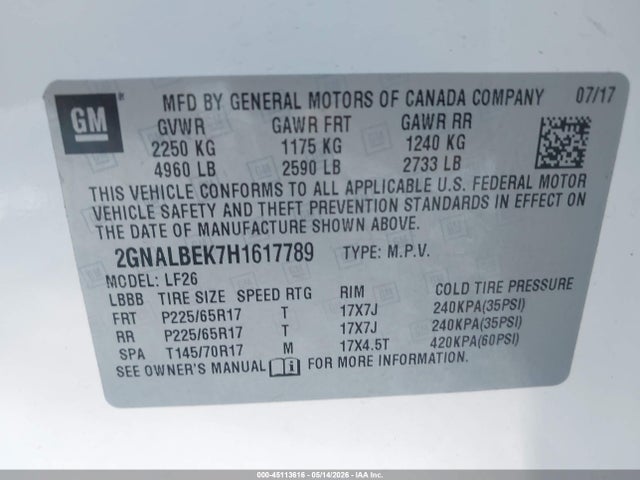 Продаж на аукціоні авто 2017 Chevrolet Equinox Ls, vin: 2GNALBEK7H1617789, номер лоту: 45113616