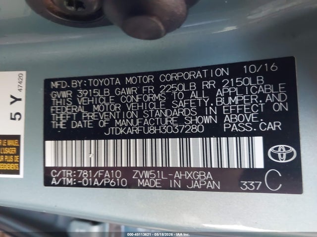 2017 Toyota Prius Three მანქანა იყიდება აუქციონზე, vin: JTDKARFU8H3037280, აუქციონის ნომერი: 45113621