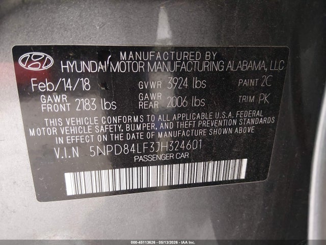 5NPD84LF3JH324601 Hyundai Elantra Value Edition