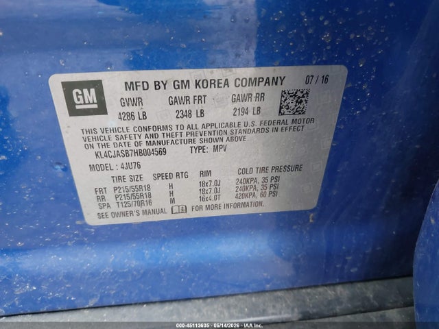 45113635 :رقم المزاد ، KL4CJASB7HB004569 vin ، 2017 Buick Encore Preferred مزاد بيع