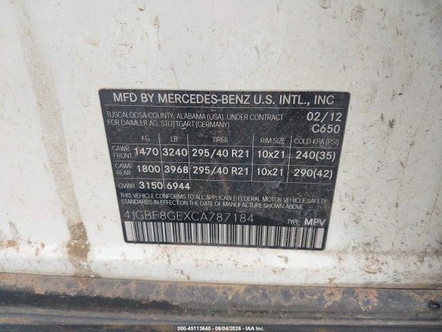 45113640 :رقم المزاد ، 4JGBF8GEXCA787184 vin ، 2012 Mercedes-benz Gl 550 4matic مزاد بيع