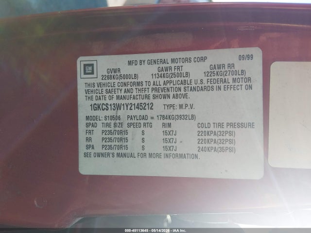 Продаж на аукціоні авто 2000 Gmc Jimmy Slt, vin: 1GKCS13W1Y2145212, номер лоту: 45113645