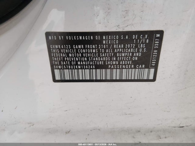 3VWC57BU2KM136246 Volkswagen Jetta 1.4t R-line/1.4t S/1.4t Se