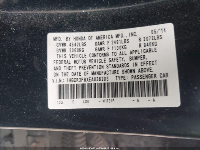 2014 Honda Accord Ex-l V-6 მანქანა იყიდება აუქციონზე, vin: 1HGCR3F8XEA036203, აუქციონის ნომერი: 45113650
