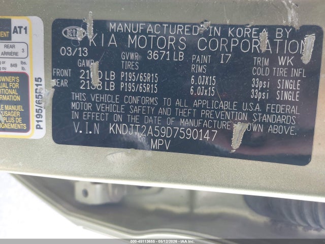 Aukcja sprzedaży 2013 Kia Soul, vin: KNDJT2A59D7590147, numer aukcji: 45113655