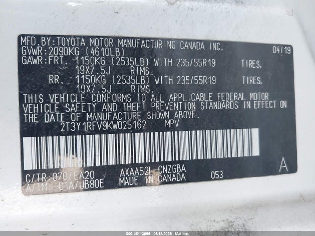 Aukcja sprzedaży 2019 Toyota Rav4 Limited, vin: 2T3Y1RFV9KW025162, numer aukcji: 45113656