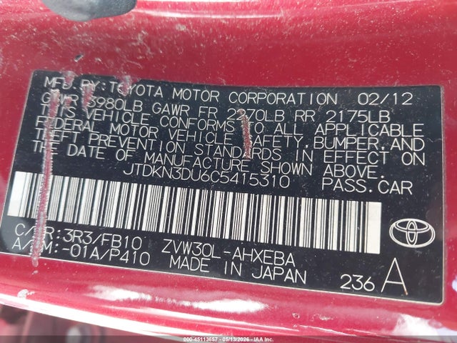 45113657 :رقم المزاد ، JTDKN3DU6C5415310 vin ، 2012 Toyota Prius Two مزاد بيع