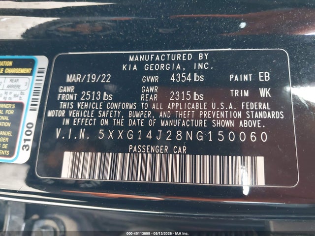 5XXG14J28NG150060 KIA K5 LXS