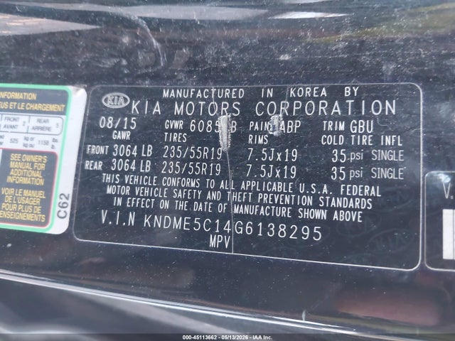45113662 :رقم المزاد ، KNDME5C14G6138295 vin ، 2016 Kia Sedona Sx Luxury مزاد بيع