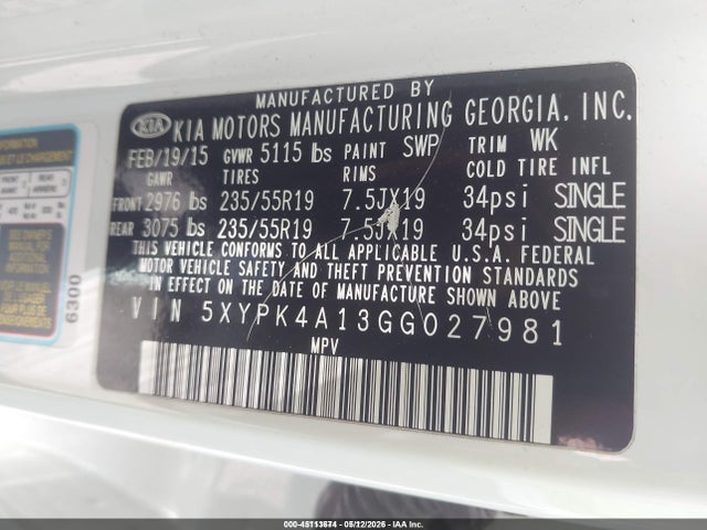 45113674 :رقم المزاد ، 5XYPK4A13GG027981 vin ، 2016 Kia Sorento 2.0t Sxl مزاد بيع
