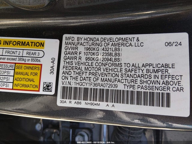 45113685 :رقم المزاد ، 1HGCY1F36RA072939 vin ، 2024 Honda Accord Ex مزاد بيع