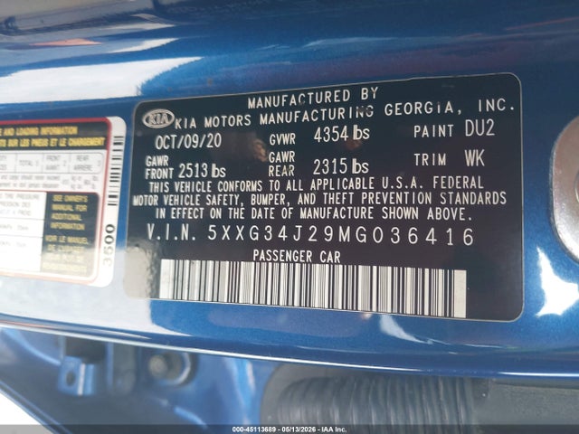 Продажа на аукционе авто 2021 Kia K5 Ex, vin: 5XXG34J29MG036416, номер лота: 45113689