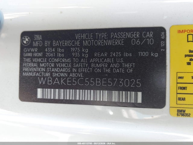 45113700 :رقم المزاد ، WBAKE5C55BE573025 vin ، 2011 Bmw 328i مزاد بيع