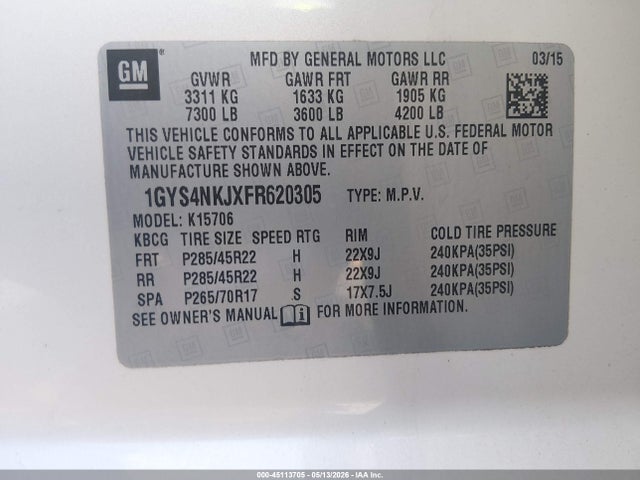 45113705 :رقم المزاد ، 1GYS4NKJXFR620305 vin ، 2015 Cadillac Escalade Premium مزاد بيع