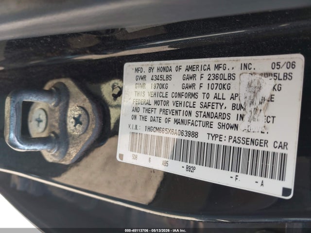 2006 Honda Accord 3.0 Ex მანქანა იყიდება აუქციონზე, vin: 1HGCM665X6A063988, აუქციონის ნომერი: 45113706