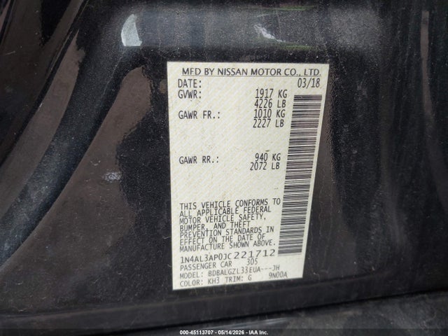 Aukcja sprzedaży 2018 Nissan Altima 2.5 S, vin: 1N4AL3AP0JC221712, numer aukcji: 45113707