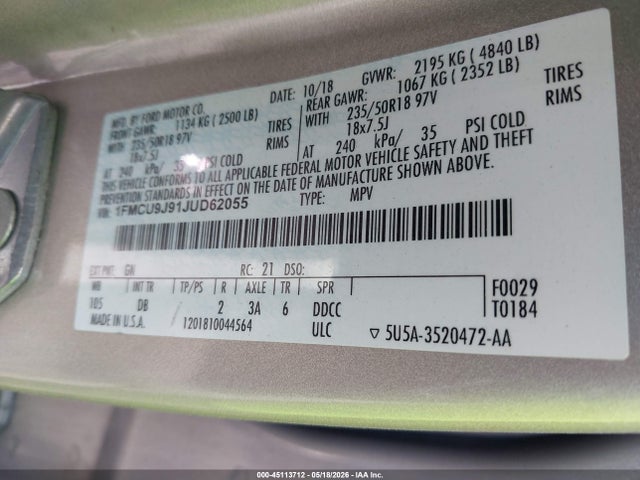 Aukcja sprzedaży 2018 Ford Escape Titanium, vin: 1FMCU9J91JUD62055, numer aukcji: 45113712