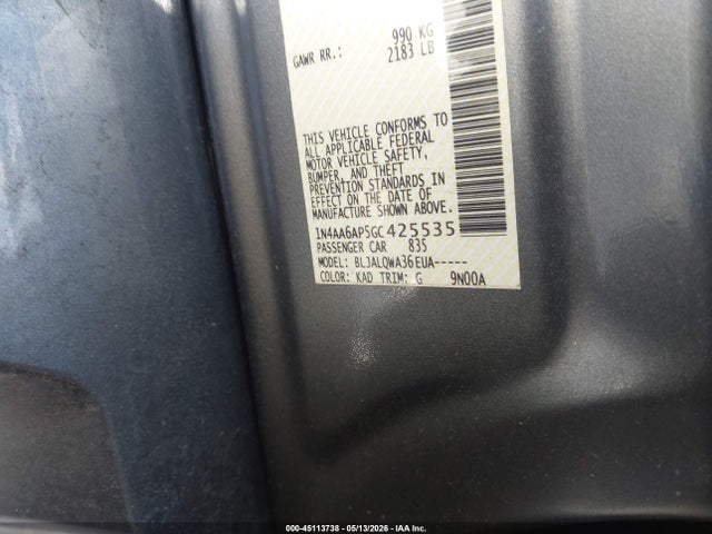 45113738 :رقم المزاد ، 1N4AA6AP5GC425535 vin ، 2016 Nissan Maxima 3.5 Platinum/3.5 S/3.5 Sl/3.5 Sr/3.5 Sv مزاد بيع