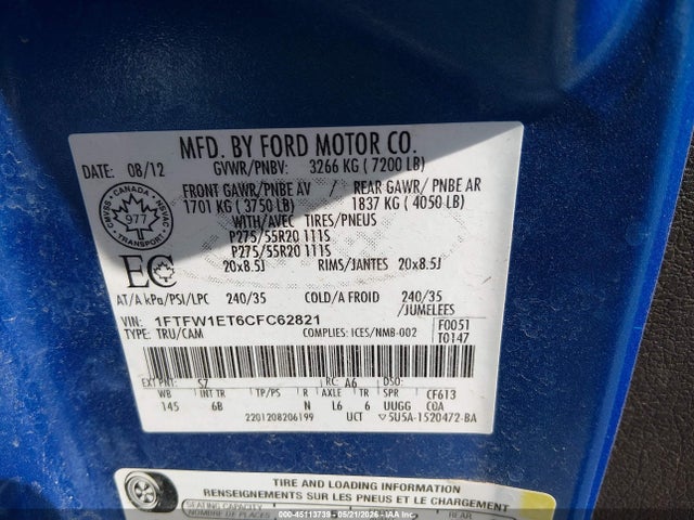 Продажа на аукционе авто 2012 Ford F-150 Fx4, vin: 1FTFW1ET6CFC62821, номер лота: 45113739