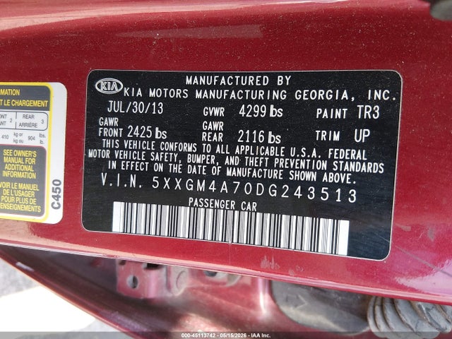 45113742 :رقم المزاد ، 5XXGM4A70DG243513 vin ، 2013 Kia Optima Lx مزاد بيع